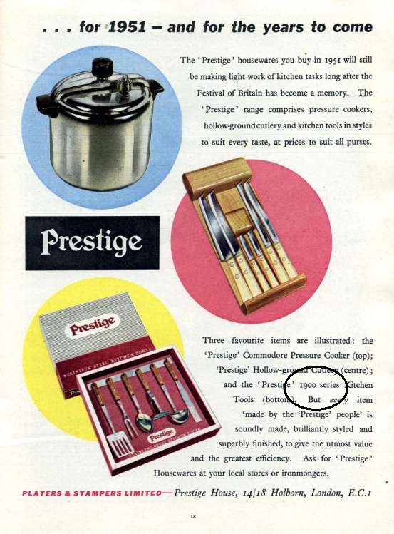 Advertisement for Prestige cookware quote nineteen hundred series!